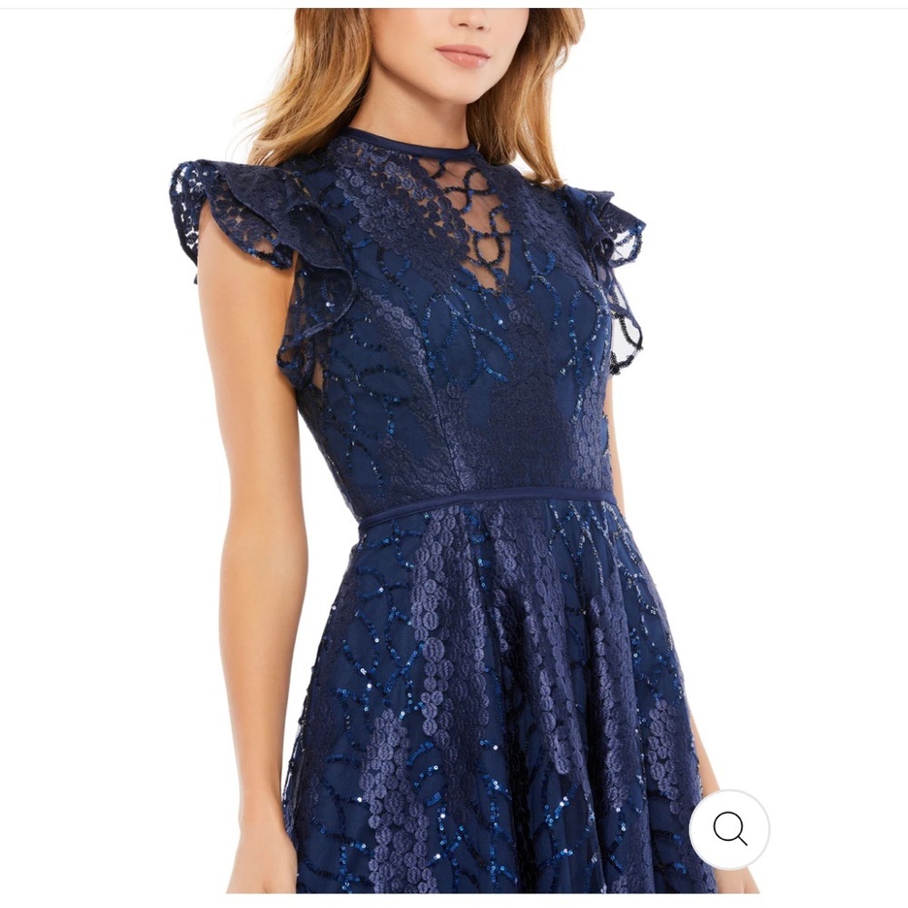 MAC DUGGAL FLUTTER SLEEVE SEQUIN APPLIQUE COCKTAIL DRESS NAVY SIZE 6 NWOT - Picture 2 of 5